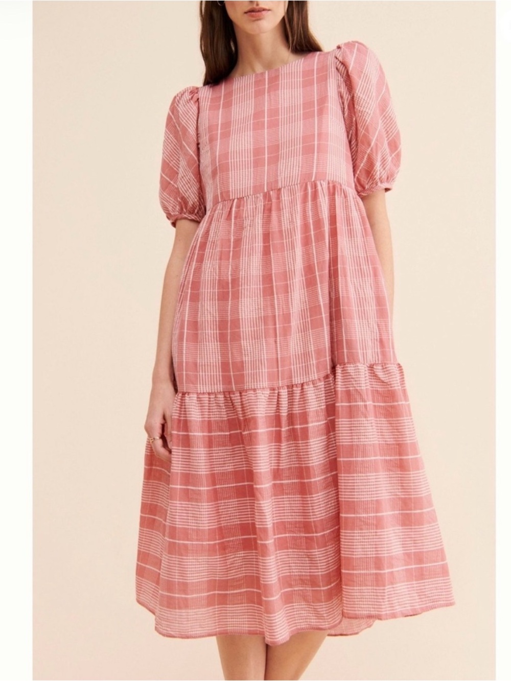 ✨ENGLISH FACTORY✨ Pink Plaid Tiered Midi Dress